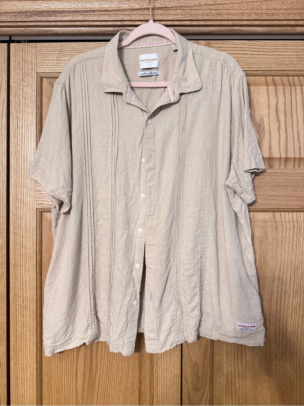 Scotch & Soda Linen Beige Short-Sleeve Button-Up Shirt